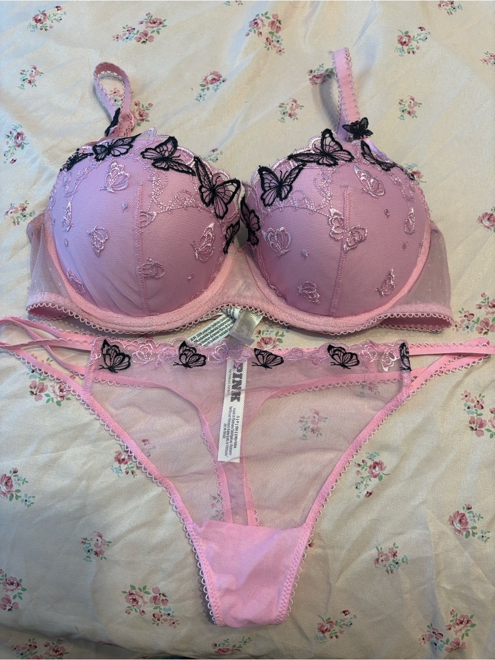 PINK Victoria's Secret Pink Butterfly Embroidered Bra & Thong Set